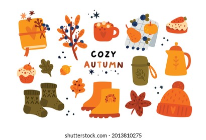 Cozy autumn collection with hand drawn elements: teapot, cup, knitting hat, notebook, herbarium, cakes, berries and leafs. Autumn treasures of nature to create cozy atmosphere and good mood