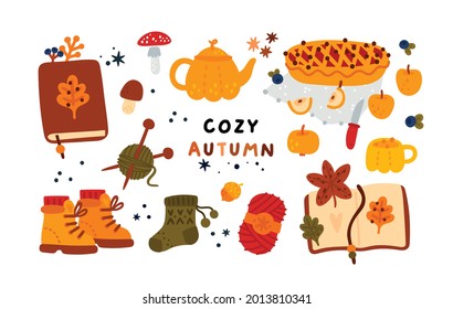 Cozy autumn collection with hand drawn elements: teapot, cup, knitting, socks, notebook, herbarium, apple pie, berries and mushrooms. Autumn treasures of nature to create cozy atmosphere and good mood