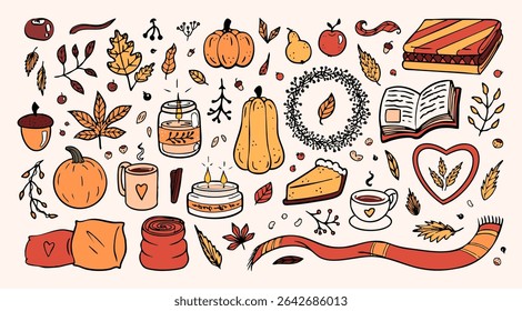 Cozy autumn colorful drawings and outline graphic design elements, seasonal objects, vegetables, candles, warm clothes and other. Vector illustration set.