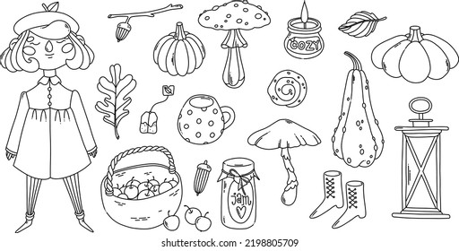 Cozy autumn coloring page elements collection with pumpkins, mushrooms, leaves and girl