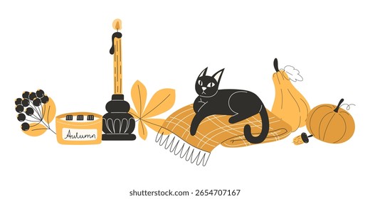 Composição de outono acolhedor com velas aromáticas cobertor de abóboras de gato e folhas perfeitas para banners sazonais e cartazes

