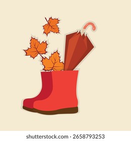 A cozy autumn composition with bright red rubber boots, a closed umbrella, and orange maple leaves. Fully editable vector with customizable background.