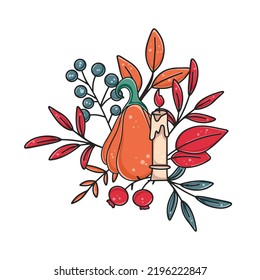 Cozy Autumn Composition With Pumpkin, Candle, Herbs And Leaves. Fall Seasonal Cute Decor. Picture Harvest. Thanksgiving Themed Autumn Sticker Isolated Vector Illustration