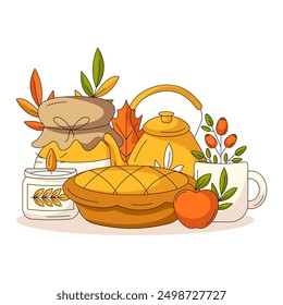 Cozy autumn composition with pumpkin pie, teapot and mug, candle, apple, rosehip, fall leaves and jam. Fall flat vector illustration. For greeting card, social media, postcard, thanksgiving day