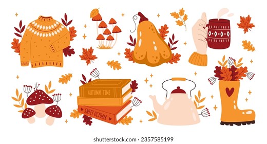 Composición acogedora de otoño con calabaza de acción de gracias, suéter caliente, bebida caliente, setas, botas de goma de lluvia, pila de libros, hervidor de té y hojas de jardín ilustran el vector. Etiqueta de pegatina de temporada de otoño