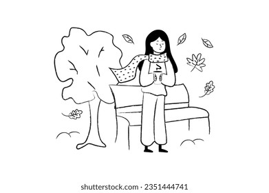 Cozy autumn concept with people scene in the flat line cartoon style. The girl walks in the park and drinks warm tea to feel the autumn atmosphere. Vector illustration.