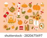 Cozy autumn cottagecore vector clipart set. Hygge fall season elements with pumpkin, teapot, sunflower bouquet, pie, yarn ball, candle, tea jar and books isolated on background
