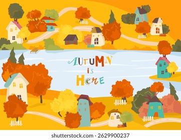 Cozy autumn countryside village surrounded by a garden and trees. Cartoon vector illustration design for eco-friendly lifestyle, outdoor relaxation.