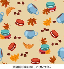 Cozy autumn. A cup of coffee, delicious pasta and autumn leaves on a beige background. For decorating textiles and packaging.