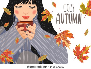 Cozy autumn. Cute flat horizontal vector illustration of woman with a cup of tea and falling leaves on a white background