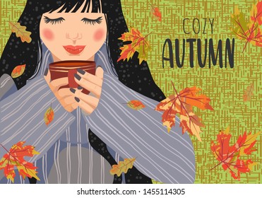Acogedor otoño. Ilustración horizontal plana vectorial de la mujer con una taza de té y hojas caídas
