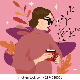 Acogedor otoño. Ilustración vectorial plana de la mujer con té en taza y hojas caídas. Una niña en el fondo de un patrón otoñal. Una mujer lleva en sus manos una taza de bebida caliente. 