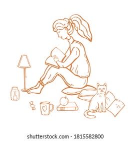 Cozy autumn days. A girl with a cat sitting on a pillow and reading a book. Vector sketch illustration.