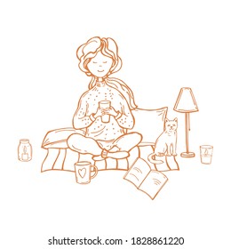 Cozy autumn days. A girl with a cat sits on pillows and drinks a hot drink. Vector sketch illustration.