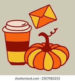 Cozy autumn decoration featuring a colorful pumpkin, a warm drink, and an envelope hovering above on a neutral background