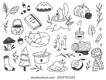 Cozy Autumn Doodle Clipart Set - Hand-Drawn Fall Elements for Seasonal Design, Crafts, and Decorations