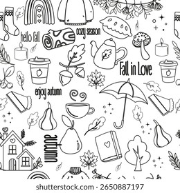 Cozy autumn doodle outline seamless pattern. Hygge coloring digital paper