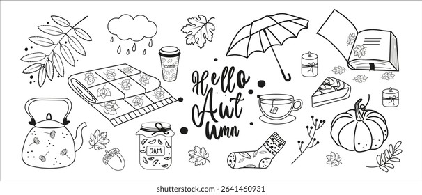 Cozy autumn doodle set in black and white. Includes tea, pumpkin, blanket, umbrella, book, socks, candles, and fall leaves. Hand-drawn seasonal elements for fall design projects.
