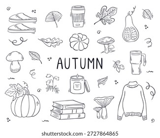 Acogedor juego de doodle de otoño con calabazas, setas, hojas, un suéter, libros y café. Ilustración vectorial dibujada a mano en blanco y negro para el diseño estacional y la decoración hygge.
