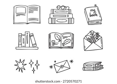 Aconchegante outono doodle conjunto de outono leitura livros acolhedores, linha arte monocromática mão desenhou contorno. Ilustração vetorial.