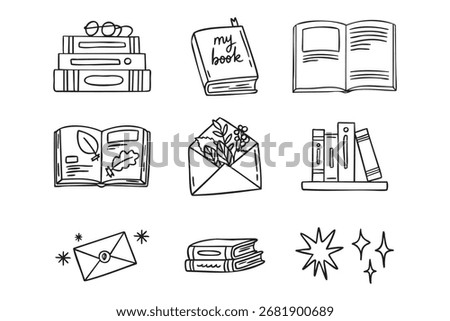 Cozy autumn doodle set of autumn reading cozy books, line art monochrome hand drawn outline. Vector illustration.