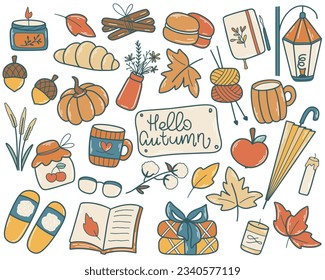 Ilustración vectorial del conjunto de doodle de otoño acogedor