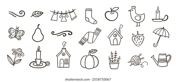 Cozy Autumn Doodle Sketch Icons Collection. Farm House Fall Design Elements Set Vector Illustration Vintage Retro Style