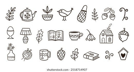 Cozy Autumn Doodle Sketch Icons Collection. Farm House Fall Design Elements Set Vector Illustration Vintage Retro Style