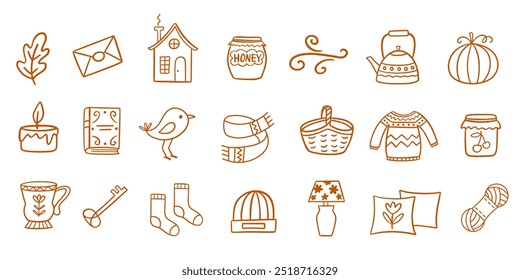 Cozy Autumn Doodle Sketch Icons Collection. Farm House Fall Design Elements Set Vector Illustration Vintage Retro Style