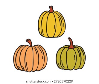 Acogedor otoño doodle tres calabazas, dibujado a mano de estilo rústico cálido. Ilustración vectorial.