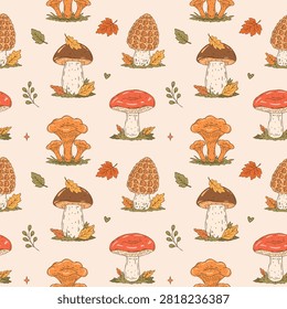Cozy Autumn doodle vector seamless pattern with porcini, russula, morel and chanterelle mushrooms, autumn leaves and botanical elements in cute hand drawn style