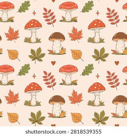 Cozy Autumn doodle vector seamless pattern with fly agaric, russula and porcini mushrooms, maple, oak, chestnut and rowan leaves in cute hand drawn style
