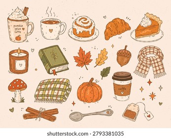 Cozy autumn doodle vector set with pumpkin spice latte, pastry, candle, book and cozy home accessories in cute hand drawn style with soft earthy color palette