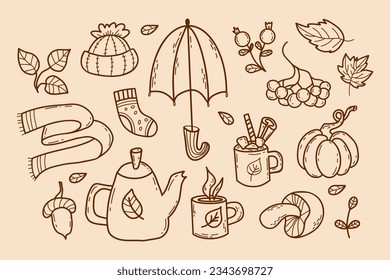 Cozy autumn doodles. Knitted hat and scarf, socks, umbrella, teapot with cups, forest mushroom, pumpkin, berries, acorn and autumn leaves. Vector illustration. Isolated outline hand drawing.