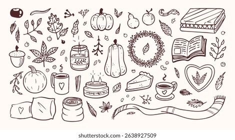 Cozy autumn drawings and outline graphic design elements, seasonal objects, vegetables, candles, warm clothes and other. Vector illustration set.