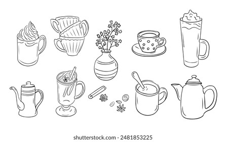 Cozy autumn drinks and cups doodle set. Monochrome vector hygge contour stickers isolated oh white background. Sketchy drawing of dishes. Could be used for coloring pages