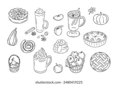 Cozy autumn drinks and food doodle set. Monochrome vector hygge contour stickers isolated oh white background. Sketchy drawing of warm drinks, pies and autumn fruits. Could be used for coloring pages