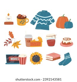 Cozy autumn element collection isolated on white. Cute warm related sticker design set. Scandinavian cozy atmosphere mood. Stay home and indoor activities. Hygge hand drawn flat vector illustration