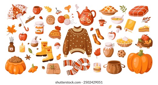 Conjunto de objetos de dibujos animados 2D de Elementos de otoño acogedores. Ropa caliente y comida sabrosa para la temporada de otoño y Halloween línea plana iconos vectoriales sobre fondo blanco