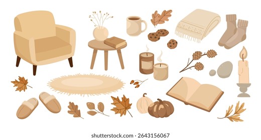 Cozy Autumn elements with armchair, candles, socks, cookies, pumpkin, leaves, book, and warm drinks in soft neutral tones Vector set. Seasonal icons, blog graphics, social media, packaging, lifestyle
