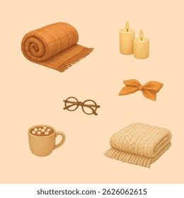 Cozy Autumn Elements Collection – Blankets, Candles, Cocoa, and Accessories on Transparent Background