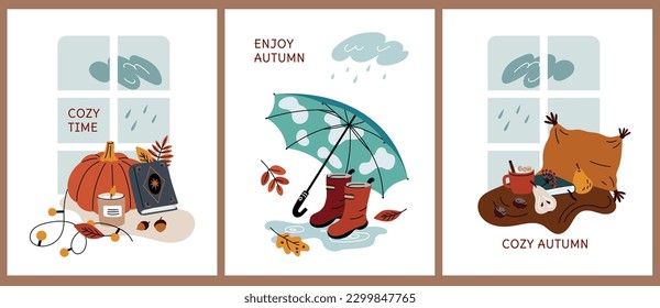 Acogedores elementos de otoño. Accesorios y objetos de caída. Afiches otoñales. Calabaza anaranjada. Deja el herbario. Sombrilla y botas de goma. Llueve afuera de la ventana. Vector garish