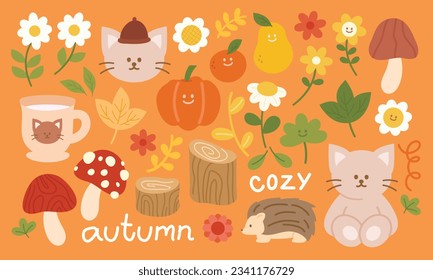 Cozy autumn elements of flowers, leaves, mushroom, pumpkin, hedgehog, timber, fruits, milk, cat and doodles elements. For sticker, seasonal icons and logos, banner, decoration, post, print, etc.