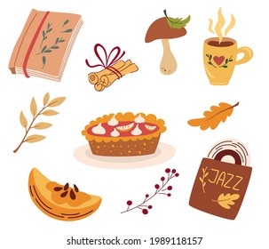 Cozy autumn elements. Pumpkin pie, jazz record, hot drink, cinnamon sticks, autumn leaves and berries. Idea of coziness and comfortable lifestyle, winter and autumn mood. Cute Vector illustrations.