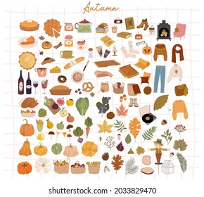 Cozy Autumn elements, seasonal food, plants, home decor, outfit, cute things. Cute hand drawn in scandinavian style. Editable vector illustration.