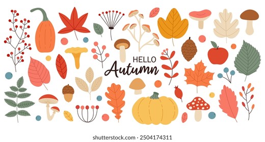 Acogedor conjunto de Elementos de otoño. Hola letras de otoño. Tiempo de cosecha. Colección de otoño de hojas, setas, calabazas, bayas, manzana, bellota. Ilustración vectorial dibujada a mano