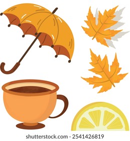 Cozy Autumn Elements Set: Yellow Umbrella, Cup of Hot Beverage, Maple Leaves, and Lemon Slice. This vector-style illustration features a collection of cozy autumn elements.