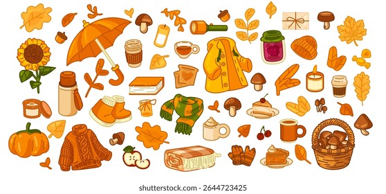 Cozy Autumn Elements Vector Collection — Large cartoon-style set of cozy autumn objects including clothes, drinks, food, leaves, mushrooms, and seasonal decor. Flat illustrations in warm colors on whi