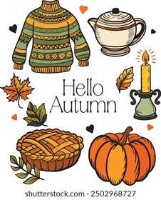 Cozy Autumn Essentials Vector Illustration with Sweater, Pumpkin, Pie, and Candle