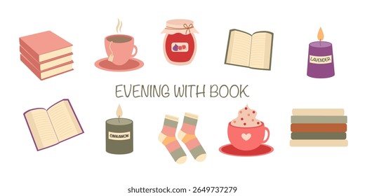 Cozy autumn evening vector set - books, cup of tea, candles, socks, jar of jam and cup of hot chocolate in flat style for seasonal designs. Hand drawn illustration for banners, cards, social media
